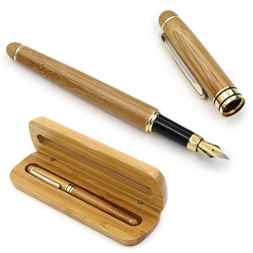 NUOLUX Moyen plume stylo plume bambou naturel écrit Pen avec convertisseur et étui (Red emballé)