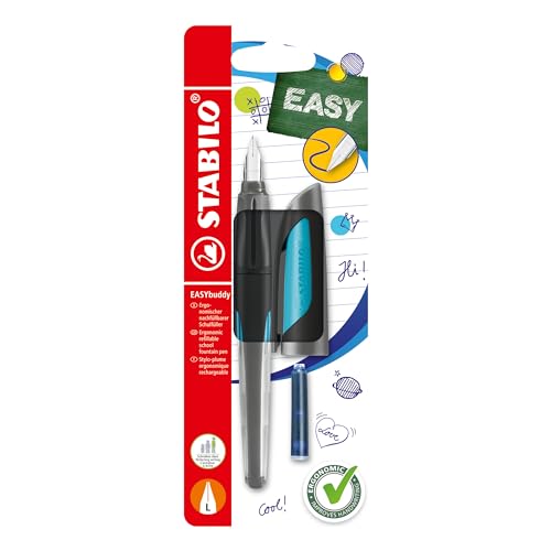 Stylo plume gaucher - STABILO EASYbuddy - Blister x 1 stylo plume enfant - stylos-plume L spéciale gaucher - Noir / bleu - 1 cartouche incluse
